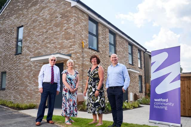 (L to R) Gareth Lewis, Group Director of Partnerships, Watford Community Housing; Tina Barnard, Chief Executive, Watford Community Housing; Councillor Margaret Griffiths, Portfolio Holder for Housing, Dacorum Borough Council; Andy Bugler, CEO, Bugler Group