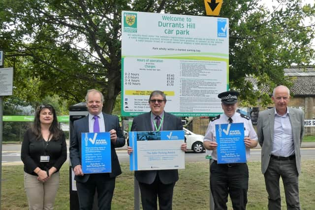 (L-R) Sophie Groombridge, Designing Out Crime Officer, Hertfordshire Constabulary; Cllr Andrew Williams, Leader of the Council; Steven Barnes, Team Leader Parking Services; Inspector Jeff Scott, Hertfordshire Constabulary; Antony Powell, Area Manager, British Parking Association