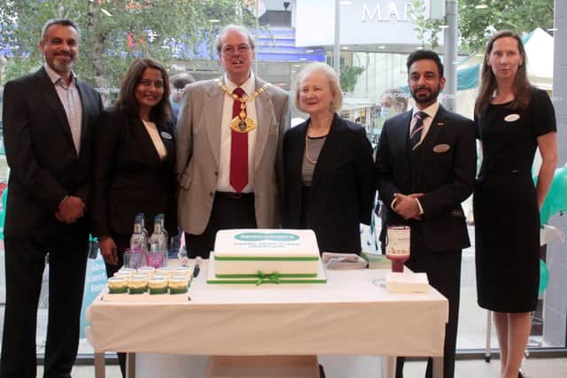 (L to R) Ash Patel, Ophthalmic Director; Geeta Patel, Audiology Director; Mayor of Dacorum and Lady Mayoress; Shane Abbas Bhimani, Clinical Director and Louise England, General Manager