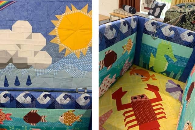 Samples of the student's work on display