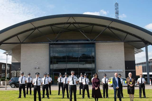 The new PCDA cohort with, front row, from left, Assistant Chief Constable Matt Nicholls, Chief Constable Charlie Hall, Sara Archer, Head of Partnership Delivery for Police Education at ARU, James Emsden, Deputy Head of Police Education (Operations) at ARU and Alison Bruce, Police Education Principal Instructor for Bedfordshire Police, Cambridgeshire Constabulary and Hertfordshire Constabulary at ARU