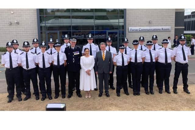 Home Secretary Priti Patel, Police and Crime Commissioner David Lloyd and Chief Constable Charlie Hall with the student officers.