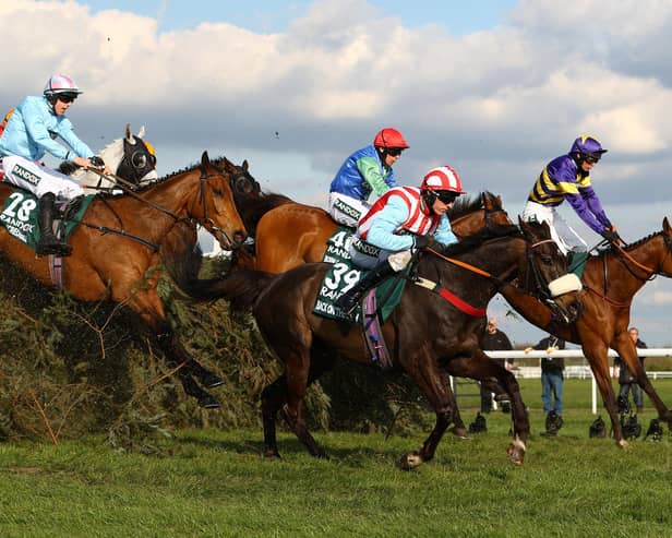 Corach Rambler (far side) jumps one of Aintree's famous fences, The Chair, on his way to victory in last year's Grand National.