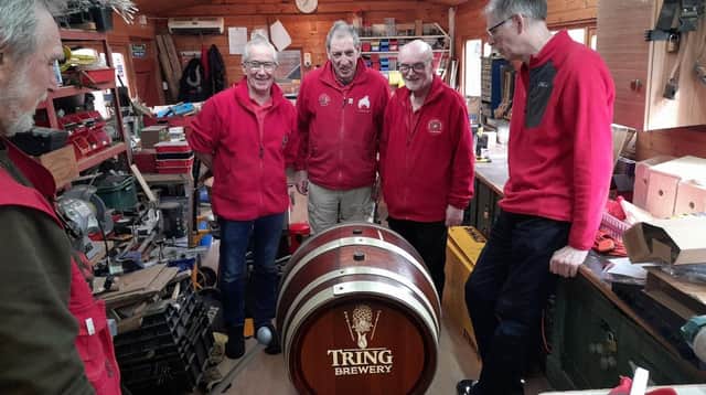 The shed filled with cheer, freshly delivered by Tring Brewery