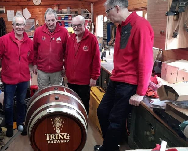 The shed filled with cheer, freshly delivered by Tring Brewery