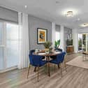 Open-plan living/dining room leading to balcony at the new show apartment at Bellway's Millworks