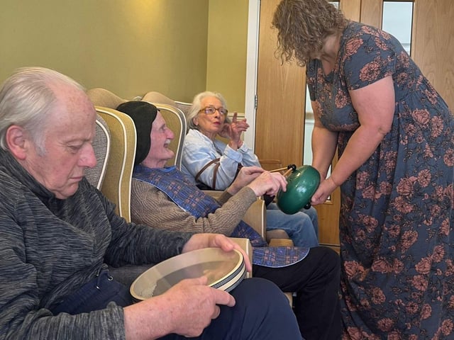 Residents At St Pauls Care Centre enjoying a sound therapy session with Anna from Anna Funky Arts