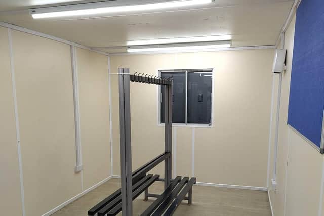 The temporary changing facilities at the Gadebridge sports pitches. Credit: Cllr William Allen.