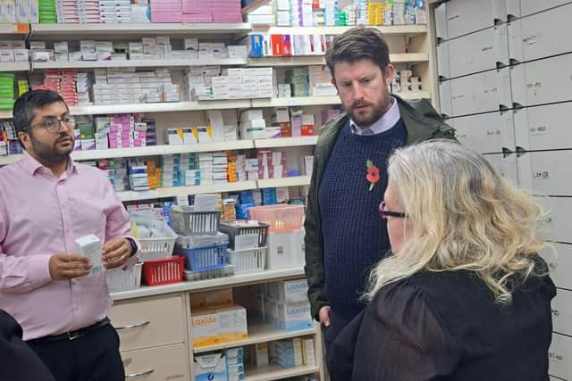 Rahul Morjaria (Pharmacist), David Taylor (MP) and Helen Musson (CO for Community Pharmacy Hertfordshire) discussing challenges that community pharmacies face