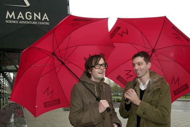 Jarvis Cocker and Steve Mackey of Pulp outside Magna in Rotherham in 2002