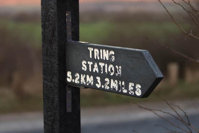 A sign for Tring Station in Hertfordshire at Ivinghoe Beacon in Buckinghamshire. Credit: Will Durrant/LDRS