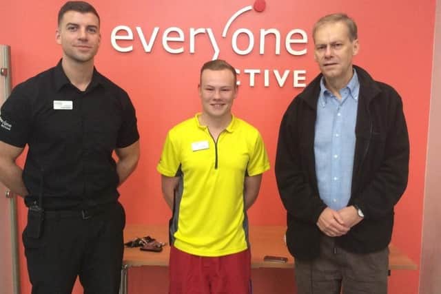 Photo taken in 2015 of Hans Petri (right) who collapsed outside Westminster Lodge in October 2015. Jamie Vine (left), now Contract Operations Manager for Everyone Active in St Albans, and his former colleague Rob Watson (middle), helped save Hans' life.