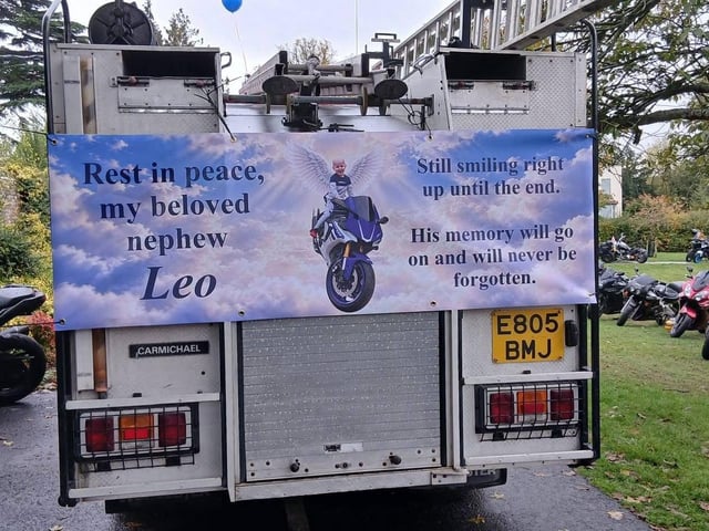 A tribute banner to Leo on the back of a fire engine which was part of the funeral procession