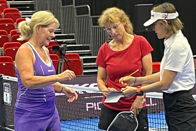 Wendy Randall (left) after playing on the show court, later gaining bronze