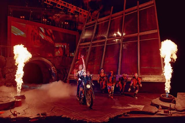 Glenn Adamson as Strat, Martha Kirby as Raven and the cast of Bat Out Of Hell. Photo: Chris Davis Studio