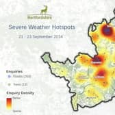 A map showing where flood-related incidents have taken place across Hertfordshire this morning