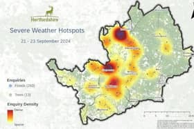 A map showing where flood-related incidents have taken place across Hertfordshire this morning