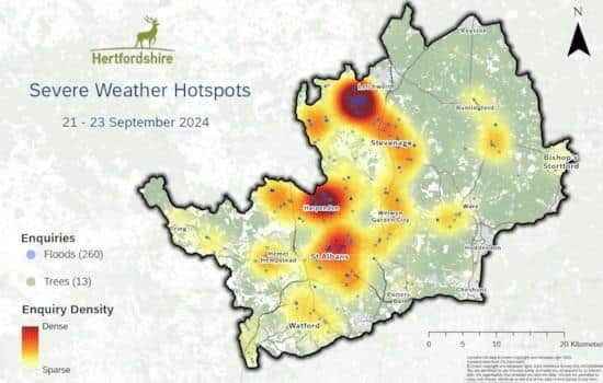 A map showing where flood-related incidents have taken place across Hertfordshire this morning