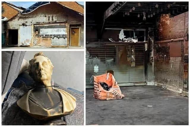 Clockwise from top left: The end wall of the mill now, exposed due to Visitor Centre demolition, the burnt shop, and the partially restored John Dickinson bust