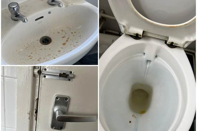 Pictured: Toilet, sink and broken locks on the door