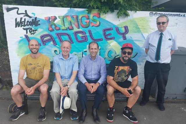 Station adopter Alex Michaels, Cillr Alan Johnson, John Richardson from Imagination Tech-nologies, graffiti artist Mark Tanti and LNR Kings Langley booking officer Ian Hendey.