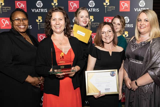 Herts Inclusive Theatre core team of four (Caroline Stevens, Jenny Horan, Kerry Kavanagh and Ellie Short) with the sponsors of this award from 'Morgan Sindall' - Norma Odain-Hines and Sally Bedwel.