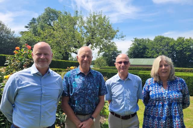 Left to right: Stewart Marks, Chief Executive of Rennie Grove Hospice Care, Professor Stephen Spiro, Chair of Trustees at Rennie Grove Hospice Care, Dr Jeremy Shindler, Chair of Trustees at Peace Hospice Care and Jackie Tritton, Chief Executive Officer at Peace Hospice Care.