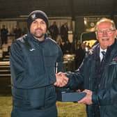 Assistant manager, Darren Locke, is presented with the Club of the Month award at the Biggleswade Town game. (Photo: Berkhamsted FC)