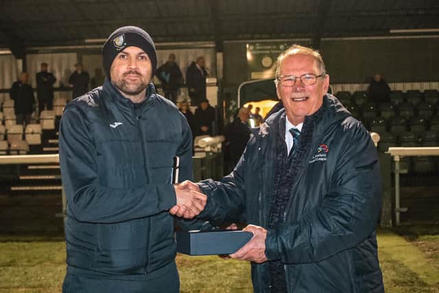 Assistant manager, Darren Locke, is presented with the Club of the Month award at the Biggleswade Town game. (Photo: Berkhamsted FC)
