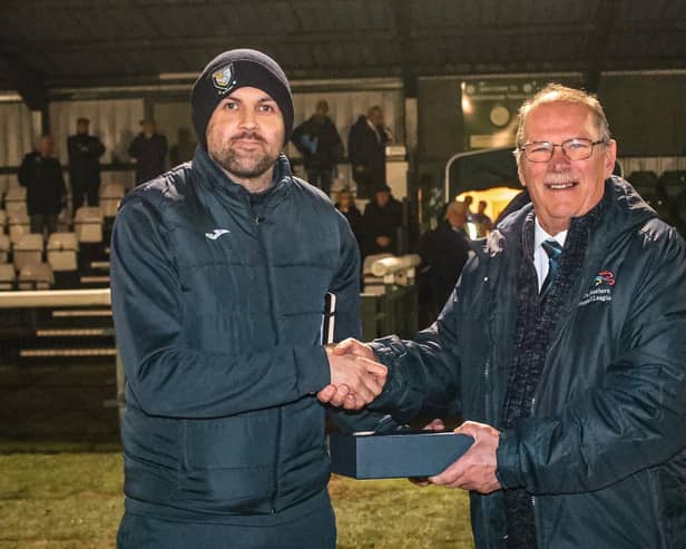 Assistant manager, Darren Locke, is presented with the Club of the Month award at the Biggleswade Town game. (Photo: Berkhamsted FC)
