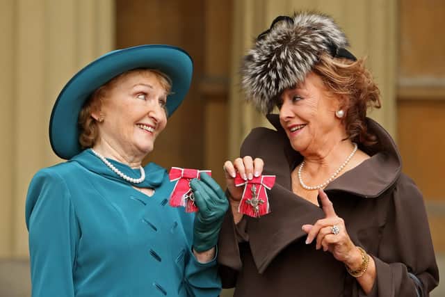 Eileen Derbyshire, who played Emily Bishop in the series (left) stated she would remember Dudley as "full of vitality, fun and laughter". She is with fellow Corrie actress Barbara Knox (photo: Getty Images)