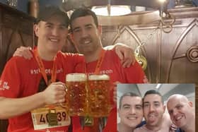 Pictured: Raymond and David after completing the marathon, inset: Jason with his brothers