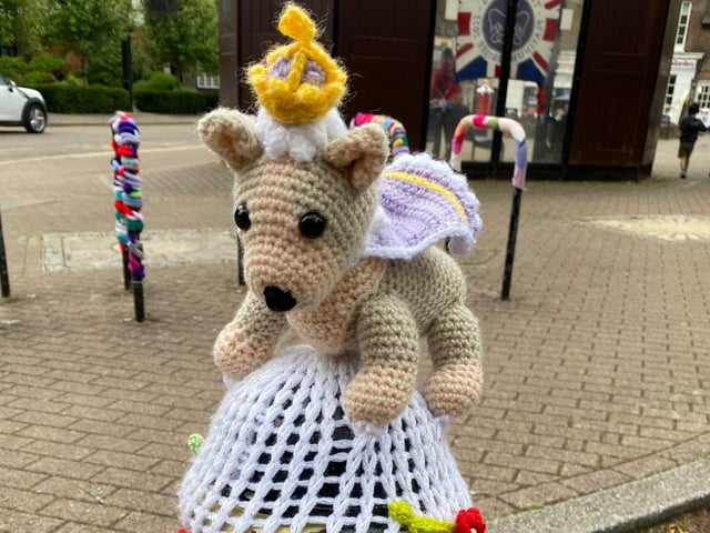 A crocheted corgi with a cape and crown
Photo: John Cole-Morgan