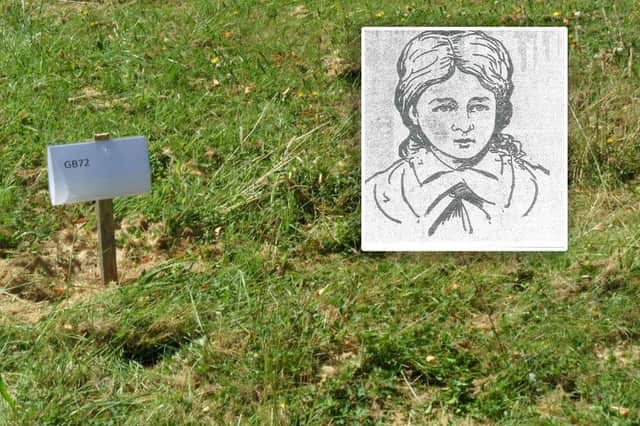 The last resting place of Katherine Quartermass in Heath Lane Cemetery and Inset, an artist's impression of her