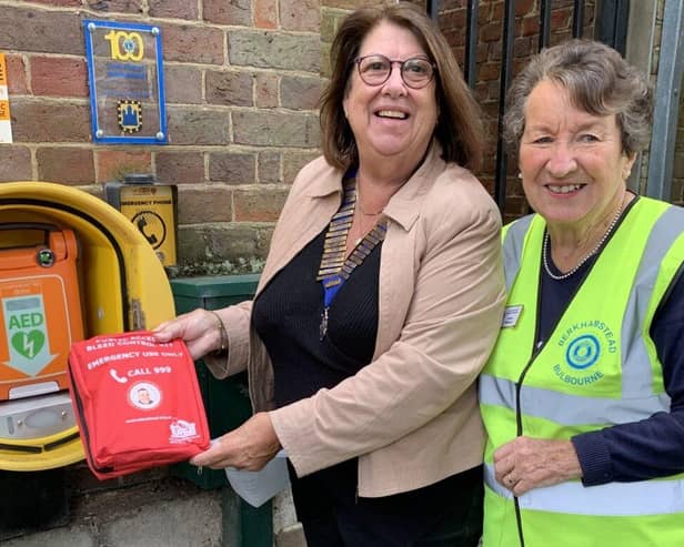 Photo shows, (left) President Wendy de Lisle and (right) Secretary Isobel Wilkinson of Berkhamsted Inner Wheel at the Civic Centre in Berkhamsted with the Bleed Control Kit.