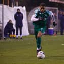 Montel McKenzie charges forward during the game at Hampton & Richmond. Photo: HHTFC.