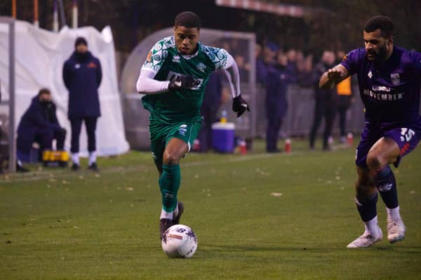 Montel McKenzie charges forward during the game at Hampton & Richmond. Photo: HHTFC.