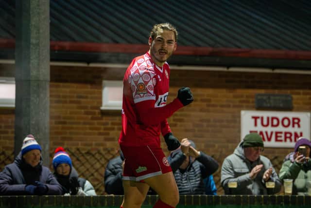 Alfie Cerulli celebrates netting Hemel's fourth goal against Slough. Photo: Jemma Sear/HHTFC.