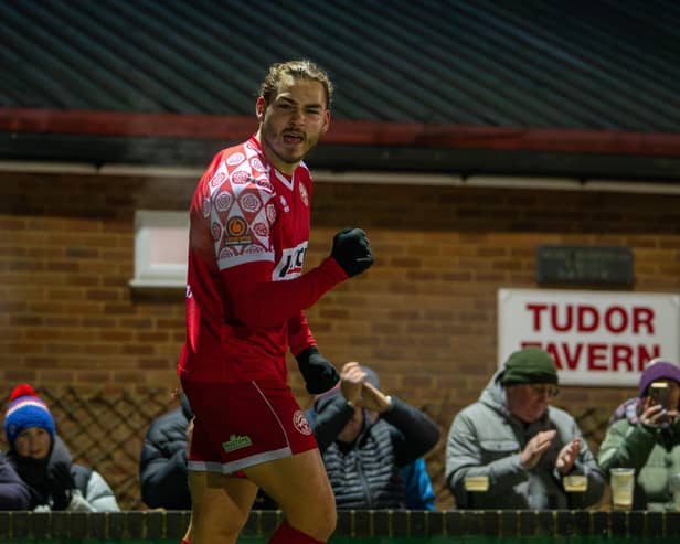 Alfie Cerulli celebrates netting Hemel's fourth goal against Slough. Photo: Jemma Sear/HHTFC.