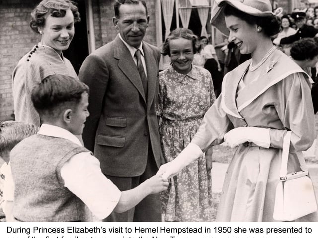 Princess Elizabeth's visit to Hemel Hempstead in 1950 saw her meet one of the first families to move to the area.
Photo(CNT.HH.O10.MISC16A): Hertfordshire Archives and Local Studies