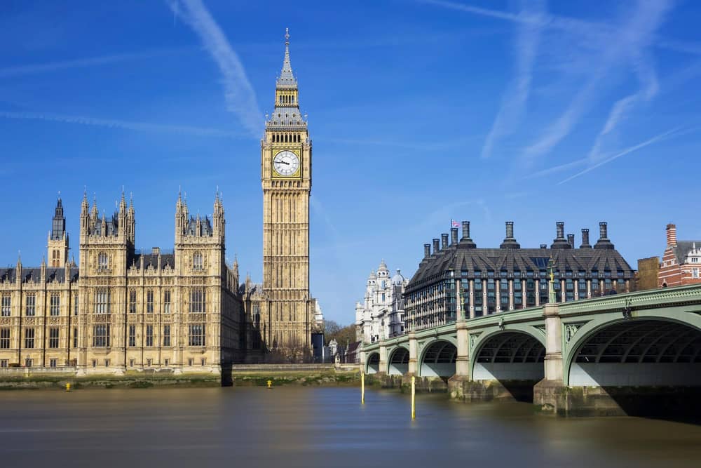 The Big Ben and Palace of Westminster under a clear blue London sky.
