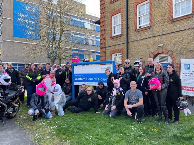 Dacorum Motorcycle Riders at Watford General Hospital after dropping off the goodies.