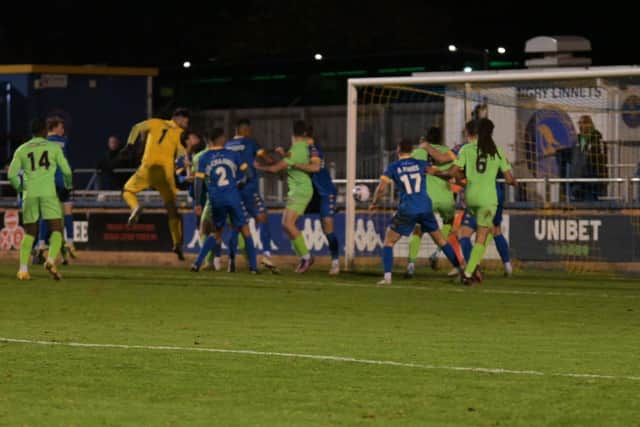 Craig King (no.1) gets up to head home Hemel's equaliser. Photo: Facebook/Hemel FC Fans.