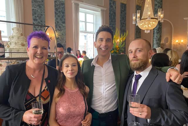 Julie Wilcox, Prince’s Trust Co-ordinator and Kane Beere, Ella’s maths teacher with Ella and comedian Russell Kane at the event.