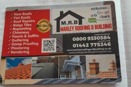 The flyer for Marleyroofingandbuilding Ltd which the homeowner received through her door