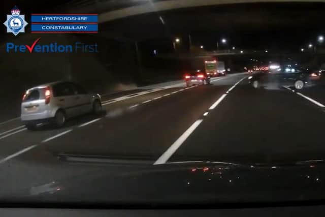 Police released the dash cam footage of the dangerous driving. Image: Hertfordshire Police