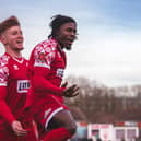 Brandon Barzey (right) celebrates one of his goals on Saturday. Photo: Jemma Sear/HHTFC.