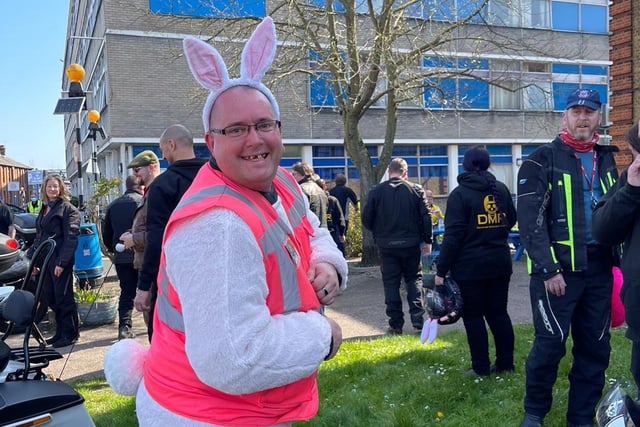Gavin King dressed up as a bunny for the delivery at Watford General Hospital.