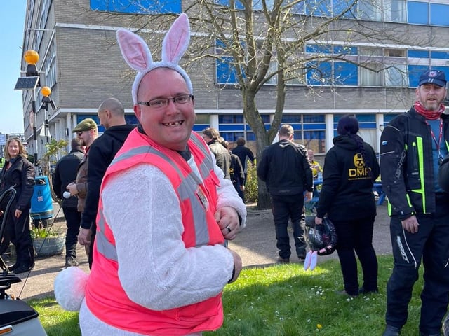 Gavin King dressed up as a bunny for the delivery at Watford General Hospital.