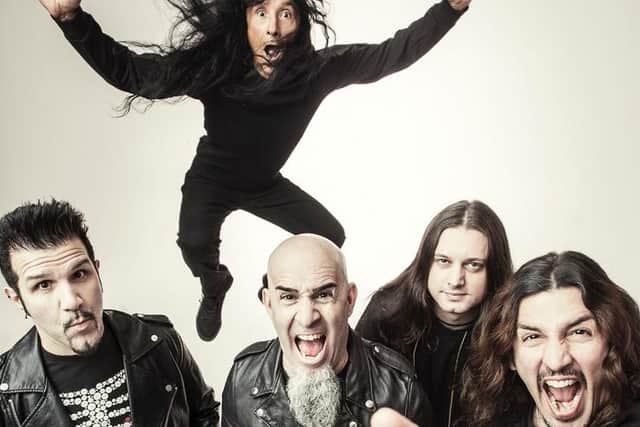 Anthrax (from left, front) Charlie Benante, Scott Ian, Jonathan Donais, Frank Bello; Airborne: Joey Belladonna (photo: Travis Shinn)